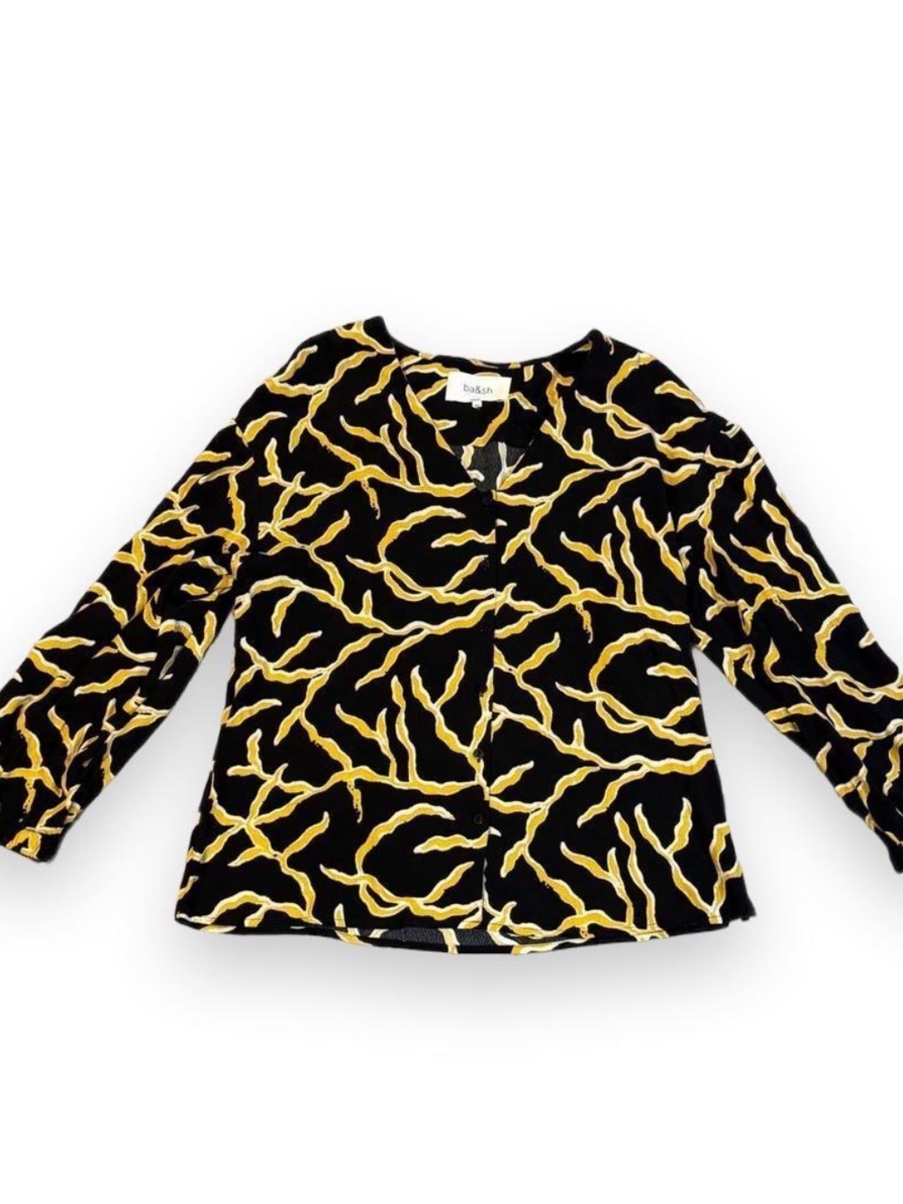 ba&sh Black and Yellow Abstract-Print Long Sleeve Blouse
